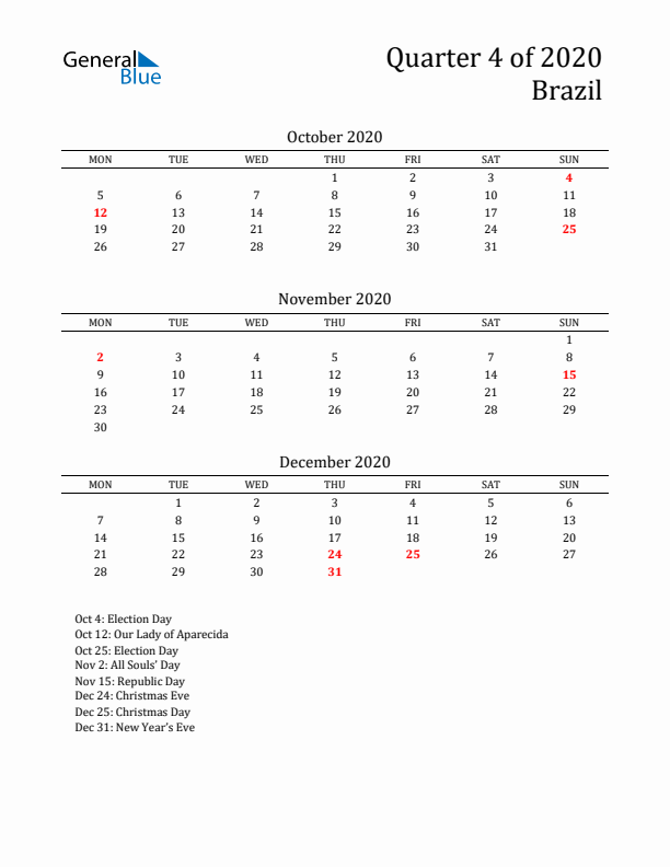 Quarter 4 2020 Brazil Quarterly Calendar