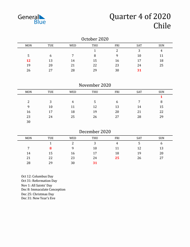 Quarter 4 2020 Chile Quarterly Calendar