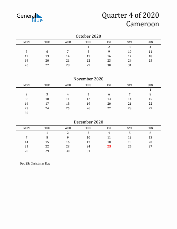 Quarter 4 2020 Cameroon Quarterly Calendar