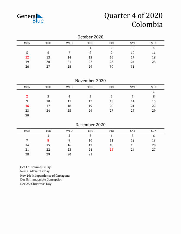 Quarter 4 2020 Colombia Quarterly Calendar