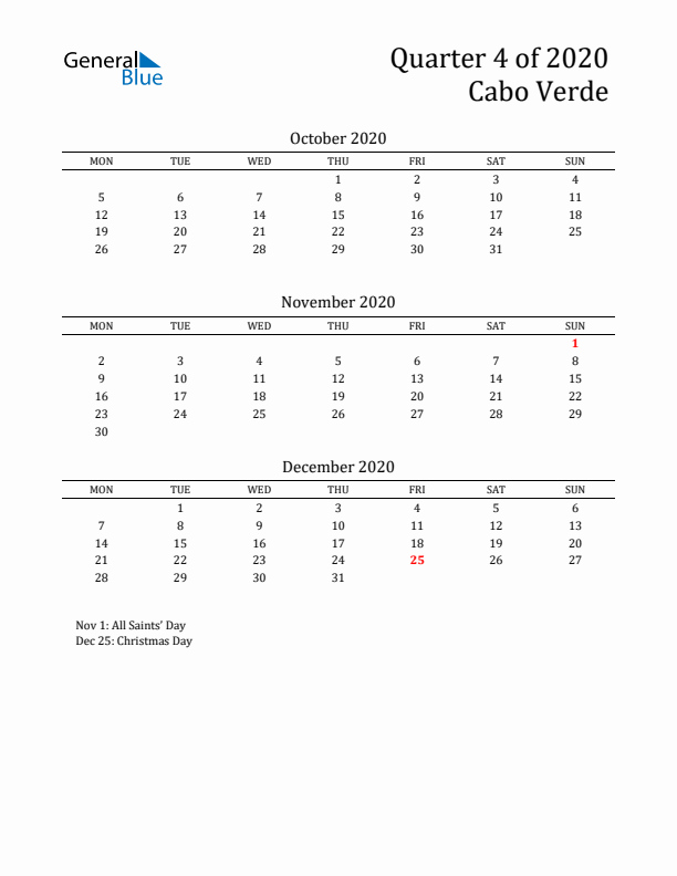 Quarter 4 2020 Cabo Verde Quarterly Calendar