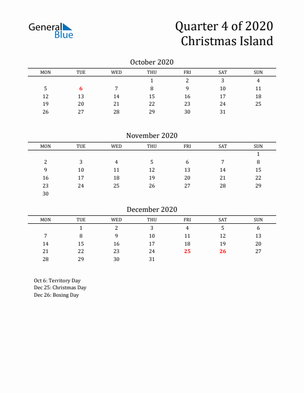 Quarter 4 2020 Christmas Island Quarterly Calendar