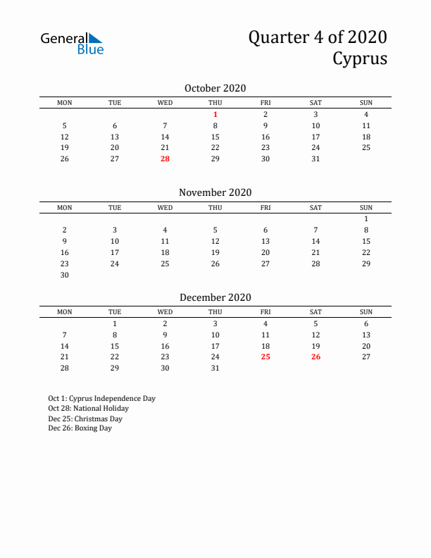 Quarter 4 2020 Cyprus Quarterly Calendar