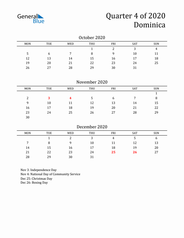 Quarter 4 2020 Dominica Quarterly Calendar