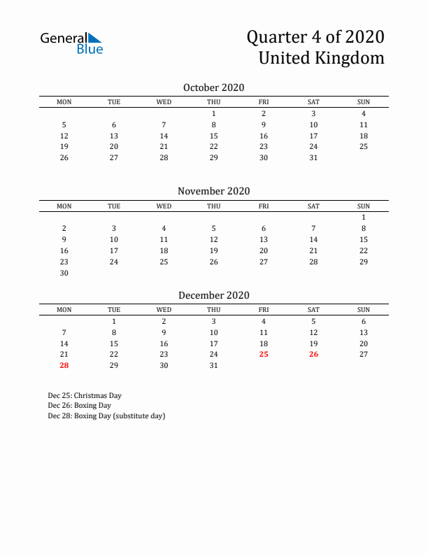 Quarter 4 2020 United Kingdom Quarterly Calendar