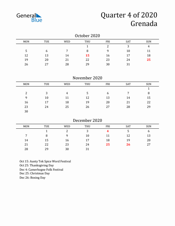 Quarter 4 2020 Grenada Quarterly Calendar