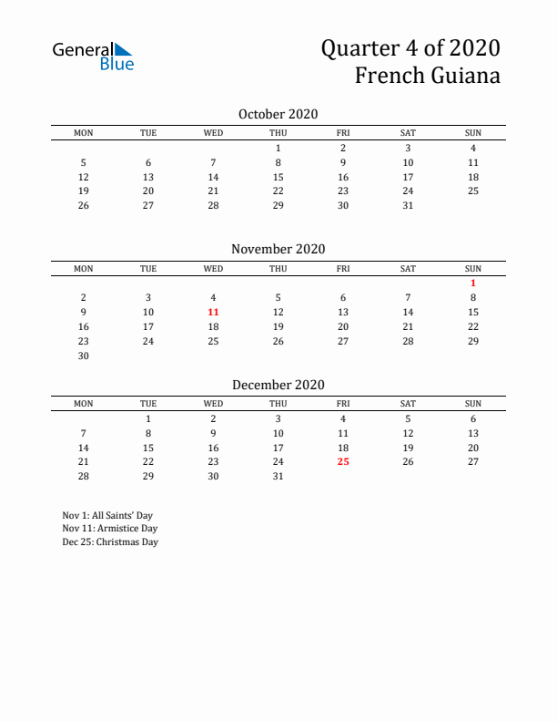 Quarter 4 2020 French Guiana Quarterly Calendar