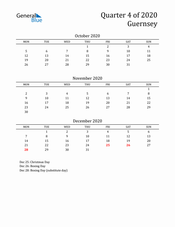 Quarter 4 2020 Guernsey Quarterly Calendar