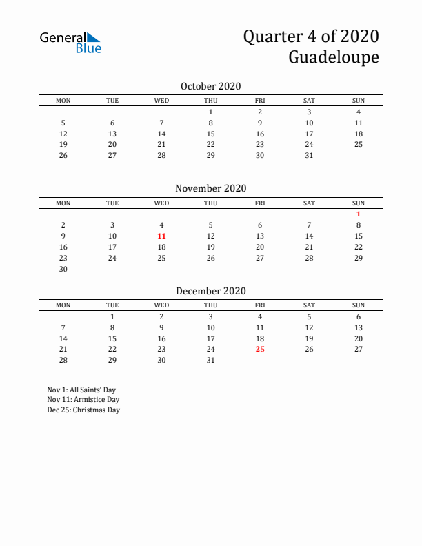 Quarter 4 2020 Guadeloupe Quarterly Calendar