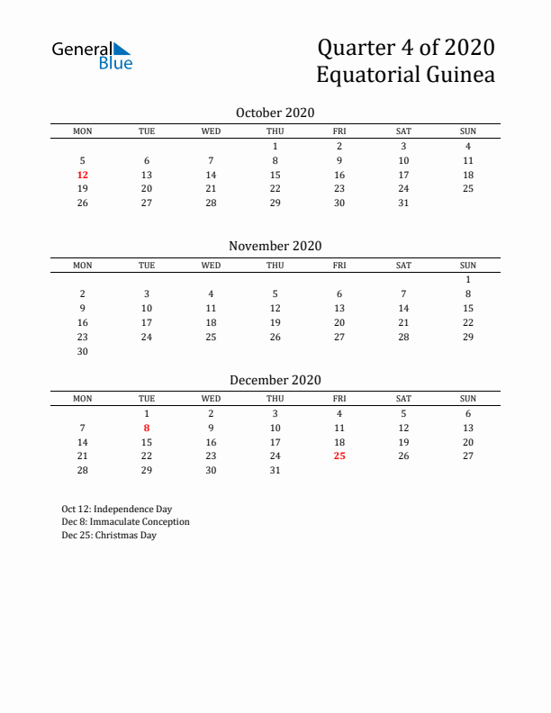 Quarter 4 2020 Equatorial Guinea Quarterly Calendar