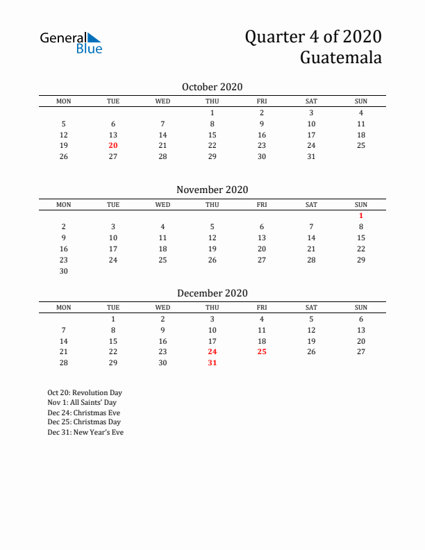 Quarter 4 2020 Guatemala Quarterly Calendar