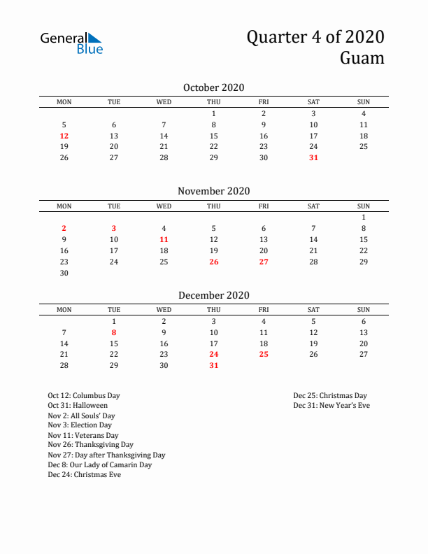 Quarter 4 2020 Guam Quarterly Calendar