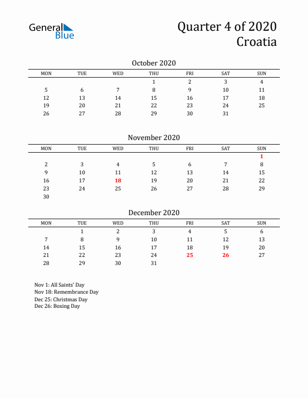 Quarter 4 2020 Croatia Quarterly Calendar