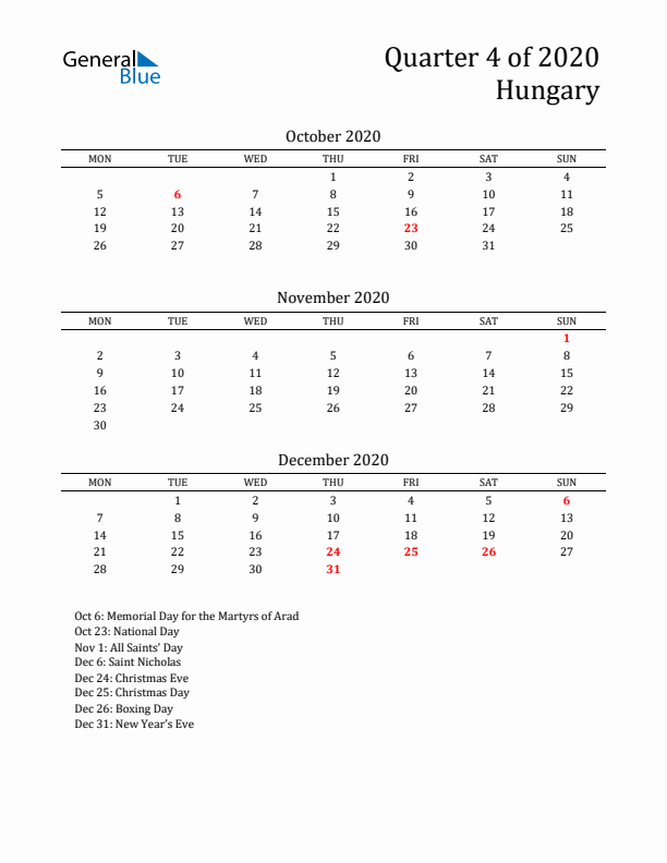 Quarter 4 2020 Hungary Quarterly Calendar