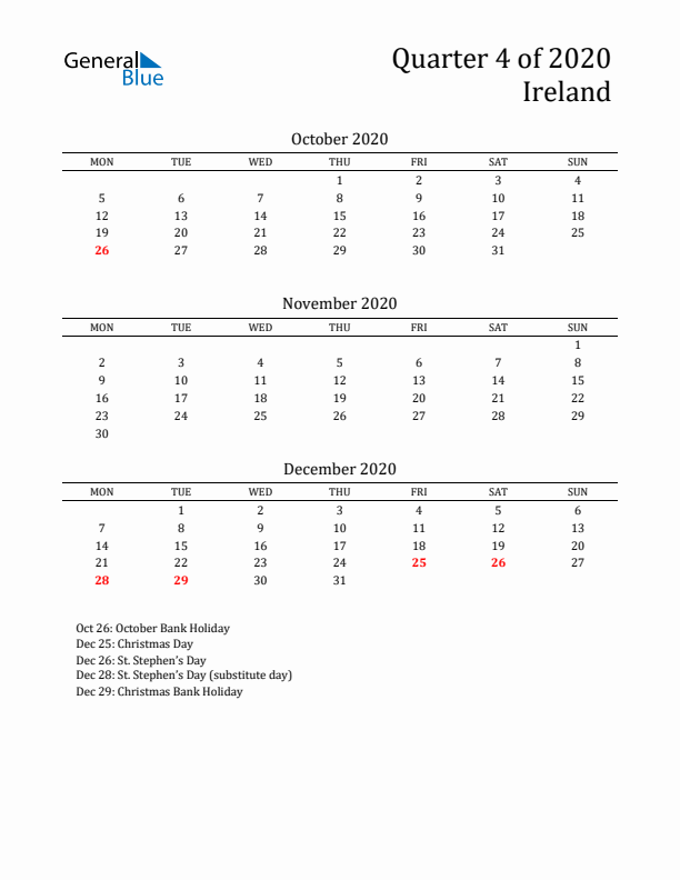 Quarter 4 2020 Ireland Quarterly Calendar