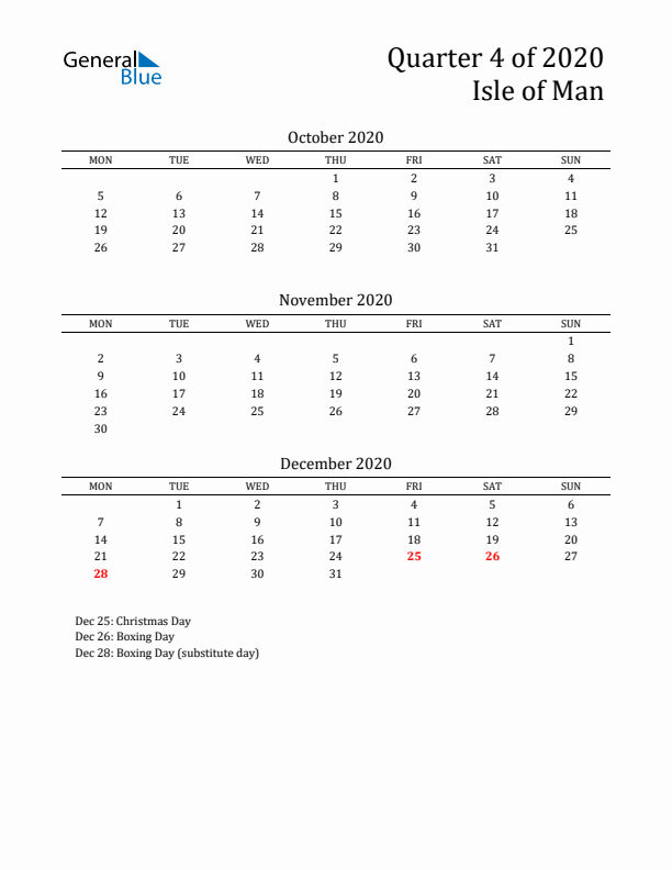 Quarter 4 2020 Isle of Man Quarterly Calendar