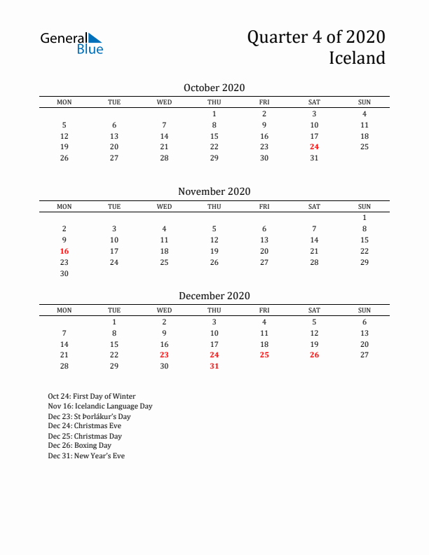 Quarter 4 2020 Iceland Quarterly Calendar