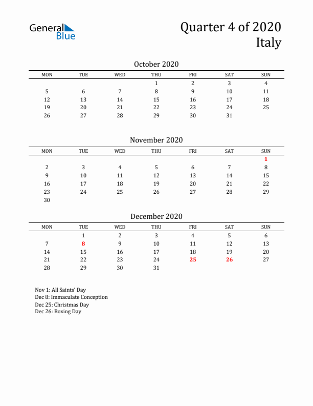 Quarter 4 2020 Italy Quarterly Calendar