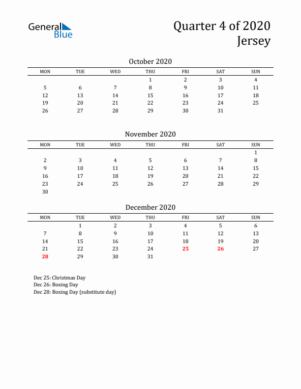 Quarter 4 2020 Jersey Quarterly Calendar