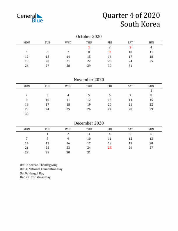 Quarter 4 2020 South Korea Quarterly Calendar