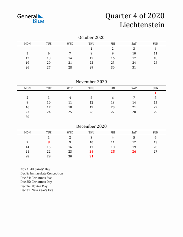 Quarter 4 2020 Liechtenstein Quarterly Calendar