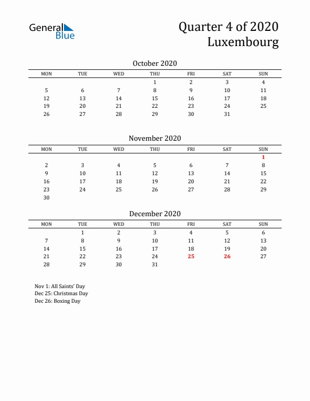 Quarter 4 2020 Luxembourg Quarterly Calendar