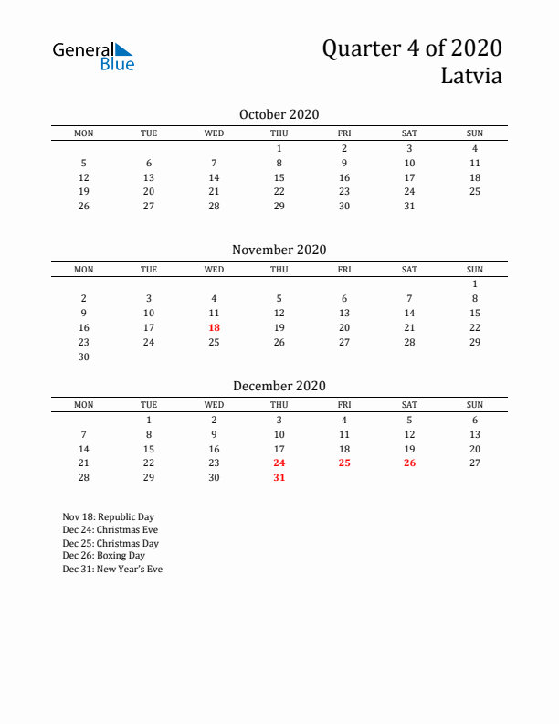 Quarter 4 2020 Latvia Quarterly Calendar