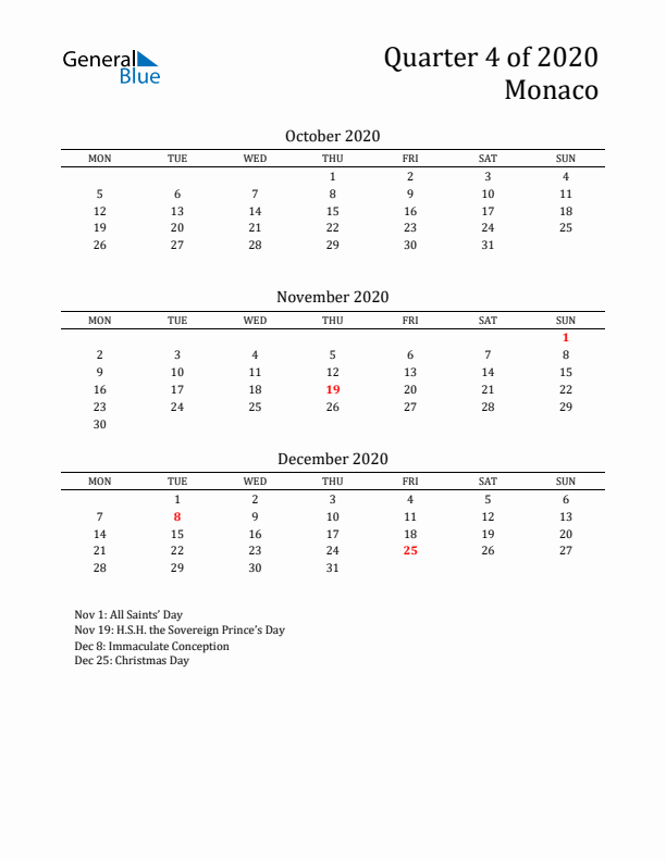 Quarter 4 2020 Monaco Quarterly Calendar