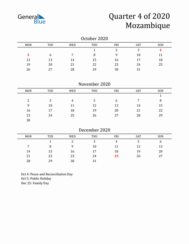 Quarter 4 2020 Mozambique Quarterly Calendar