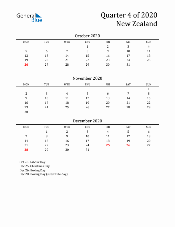 Quarter 4 2020 New Zealand Quarterly Calendar