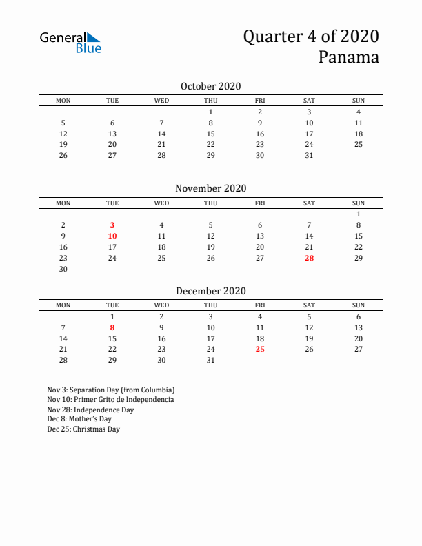 Quarter 4 2020 Panama Quarterly Calendar