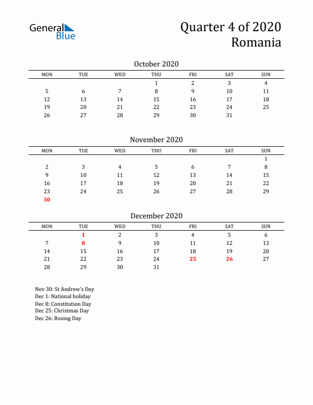 Quarter 4 2020 Romania Quarterly Calendar