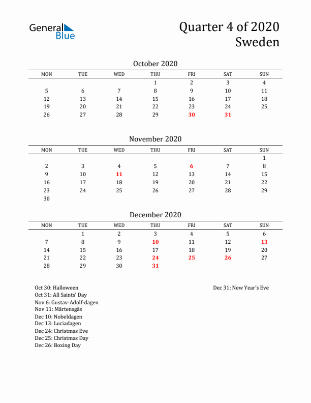 Quarter 4 2020 Sweden Quarterly Calendar