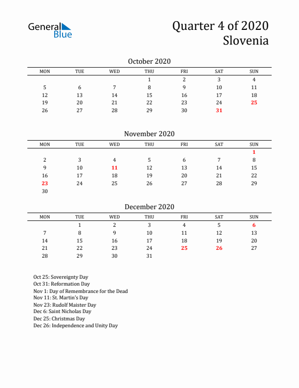 Quarter 4 2020 Slovenia Quarterly Calendar