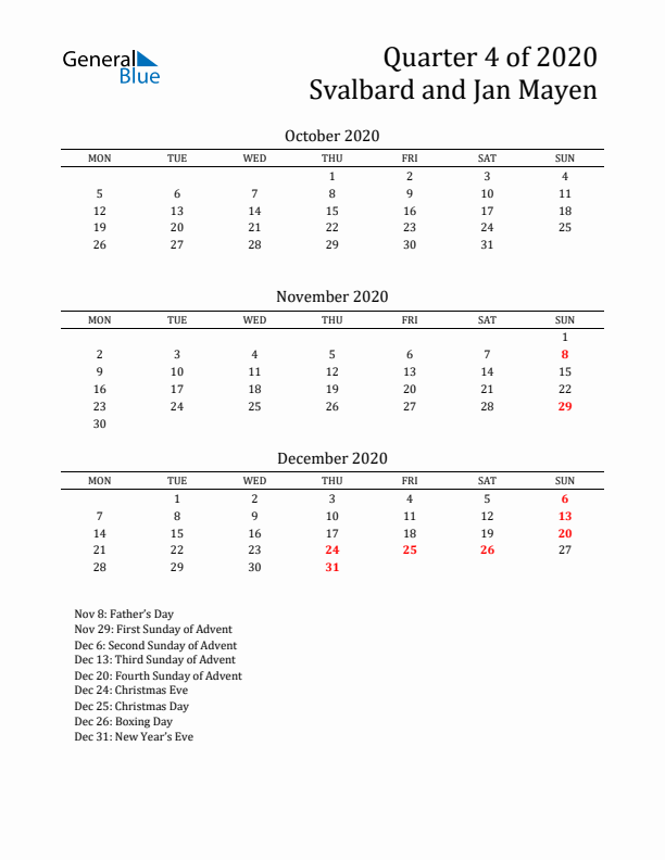 Quarter 4 2020 Svalbard and Jan Mayen Quarterly Calendar