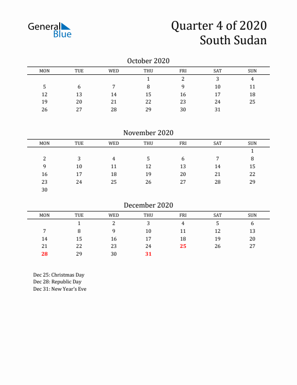 Quarter 4 2020 South Sudan Quarterly Calendar