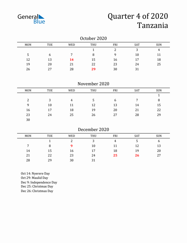 Quarter 4 2020 Tanzania Quarterly Calendar