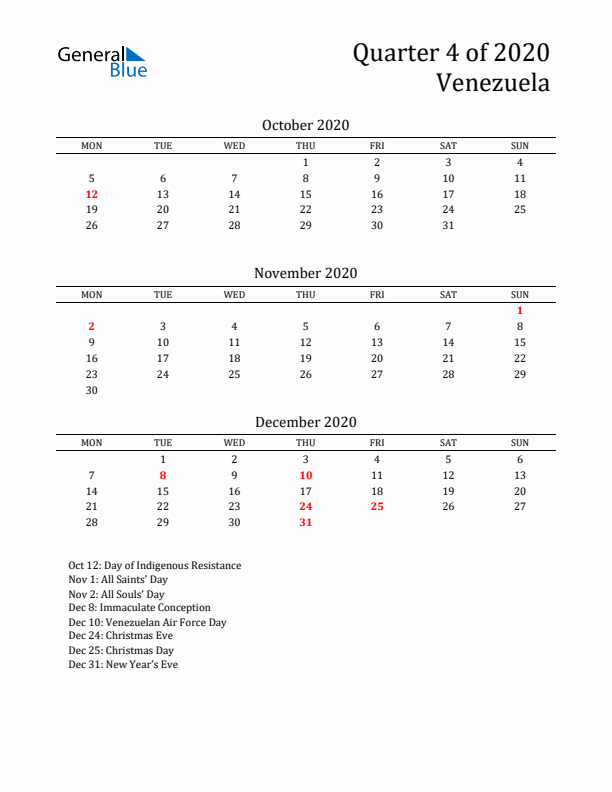 Quarter 4 2020 Venezuela Quarterly Calendar