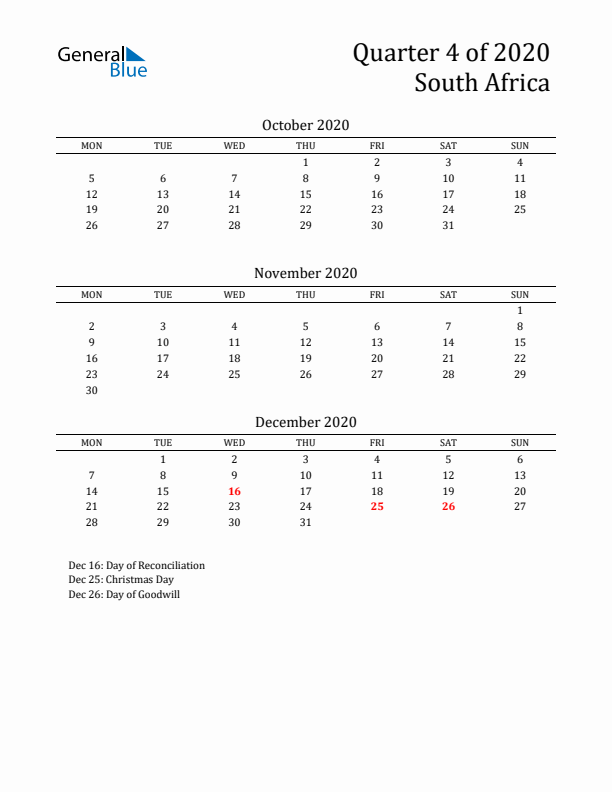 Quarter 4 2020 South Africa Quarterly Calendar