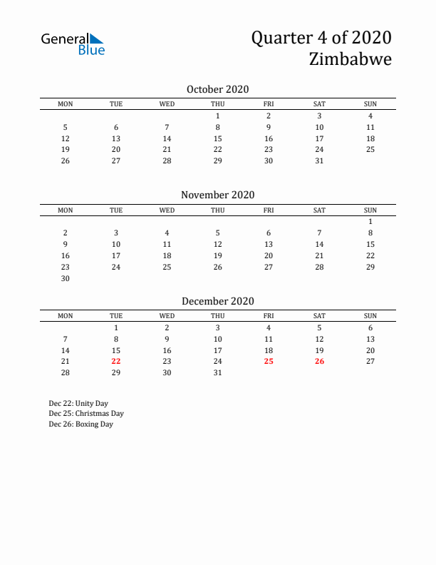 Quarter 4 2020 Zimbabwe Quarterly Calendar