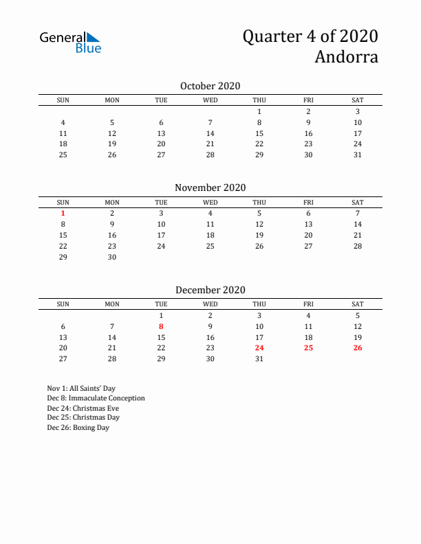 Quarter 4 2020 Andorra Quarterly Calendar