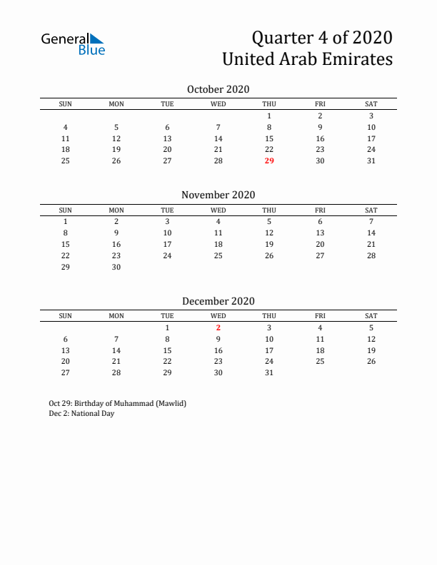 Quarter 4 2020 United Arab Emirates Quarterly Calendar