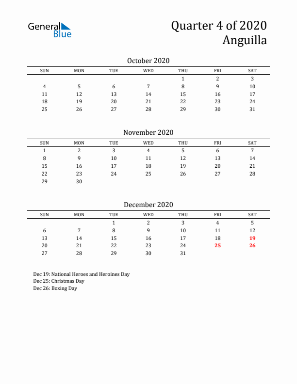 Quarter 4 2020 Anguilla Quarterly Calendar