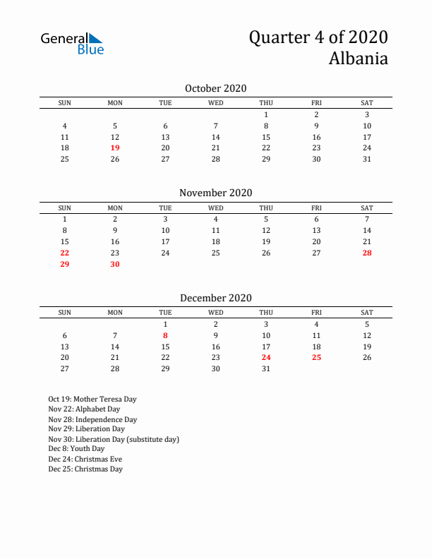 Quarter 4 2020 Albania Quarterly Calendar