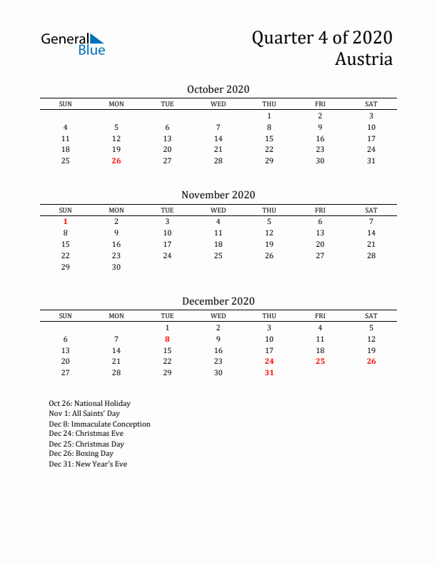 Quarter 4 2020 Austria Quarterly Calendar