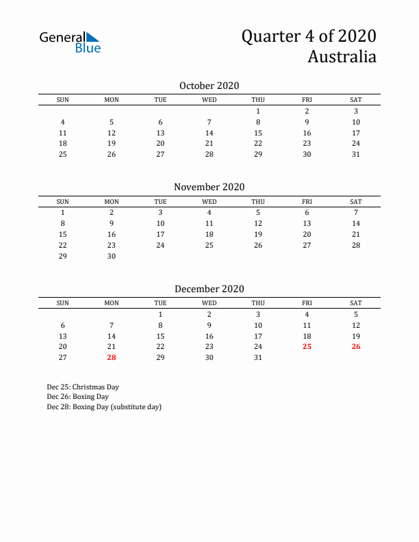 Quarter 4 2020 Australia Quarterly Calendar