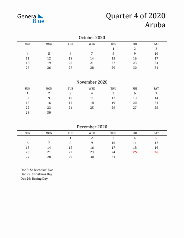 Quarter 4 2020 Aruba Quarterly Calendar