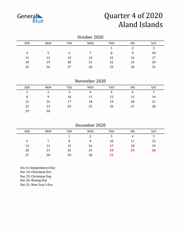 Quarter 4 2020 Aland Islands Quarterly Calendar