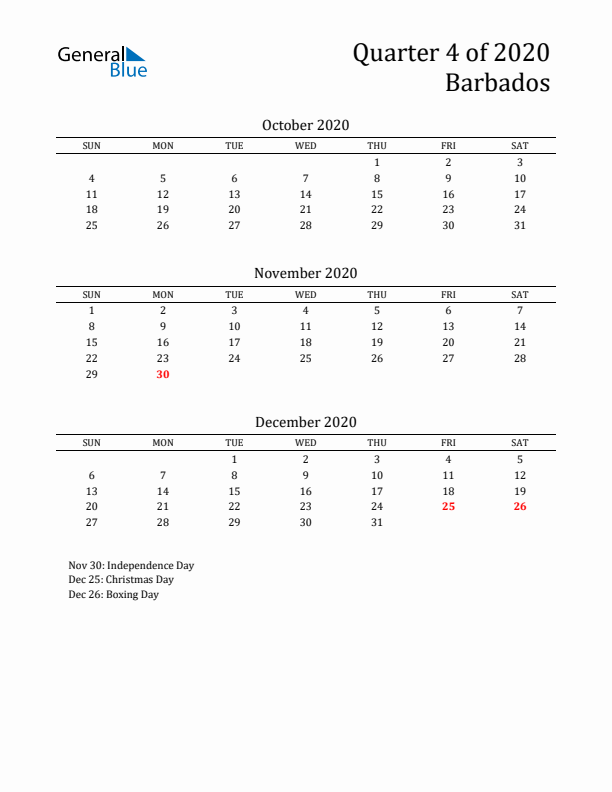 Quarter 4 2020 Barbados Quarterly Calendar