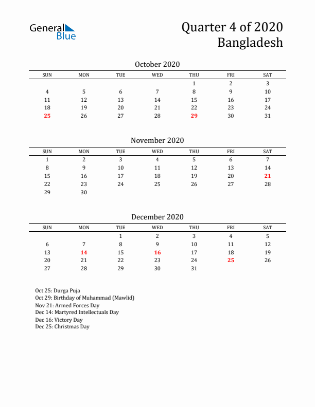 Quarter 4 2020 Bangladesh Quarterly Calendar